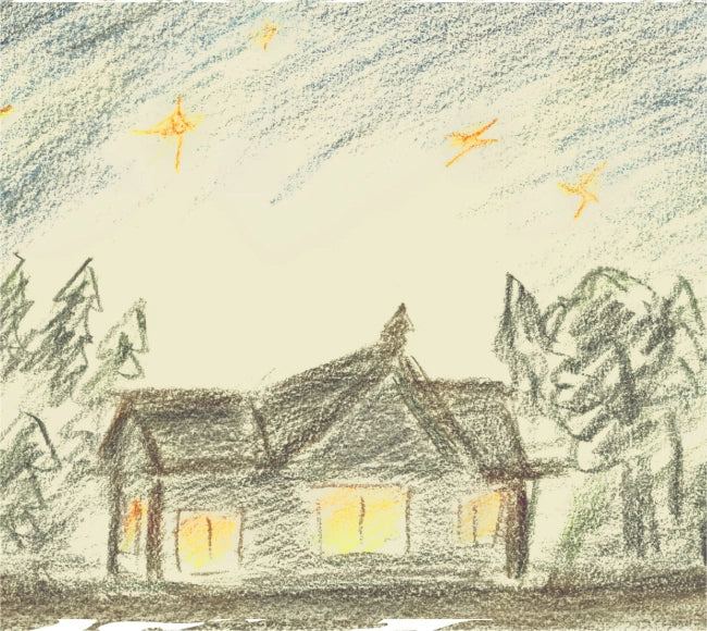A crayon sketch of a lodge glowing at night among trees
