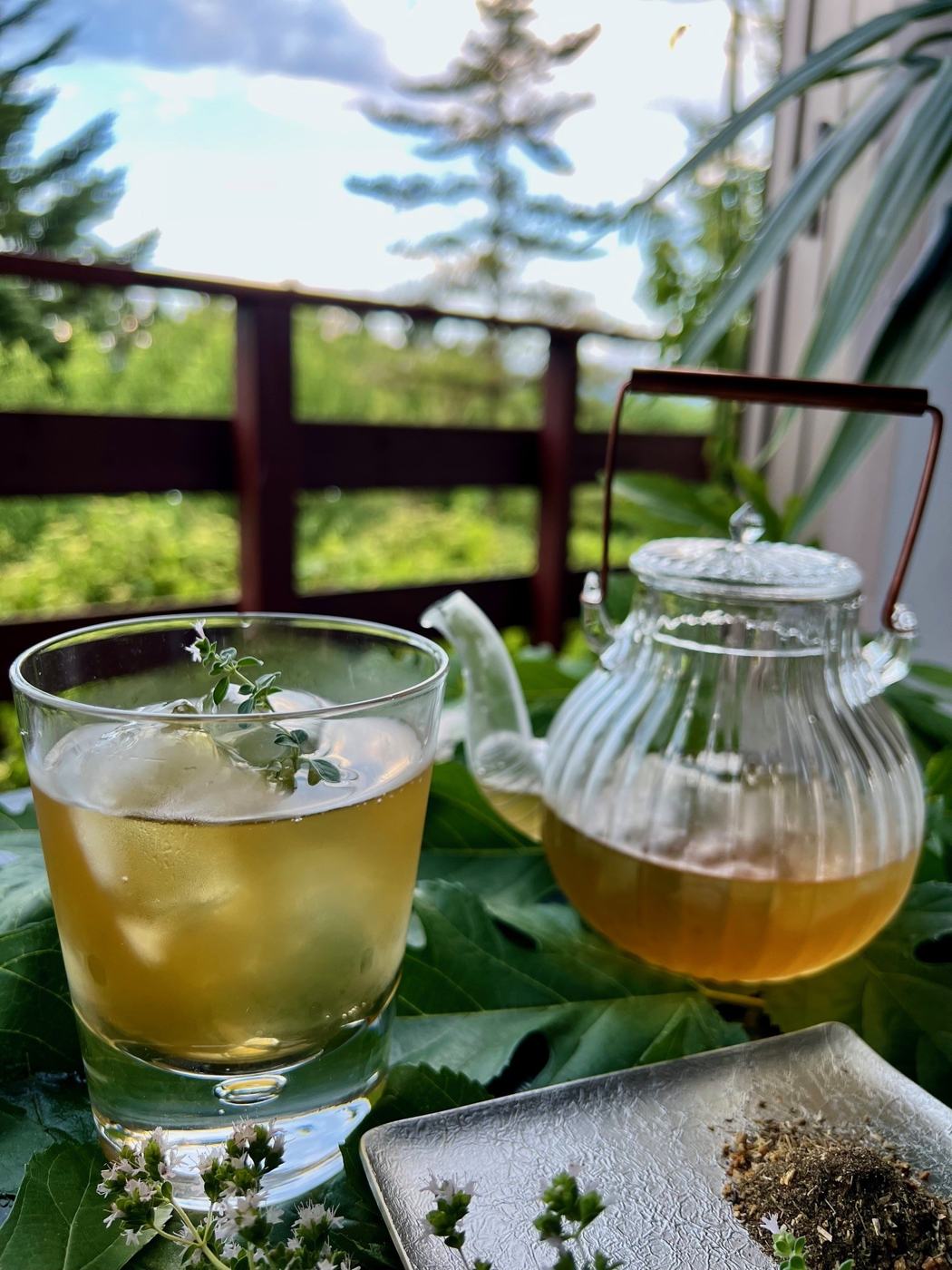 An iced BōtaPia herbal tea and a glass teapot on a wooden veranda