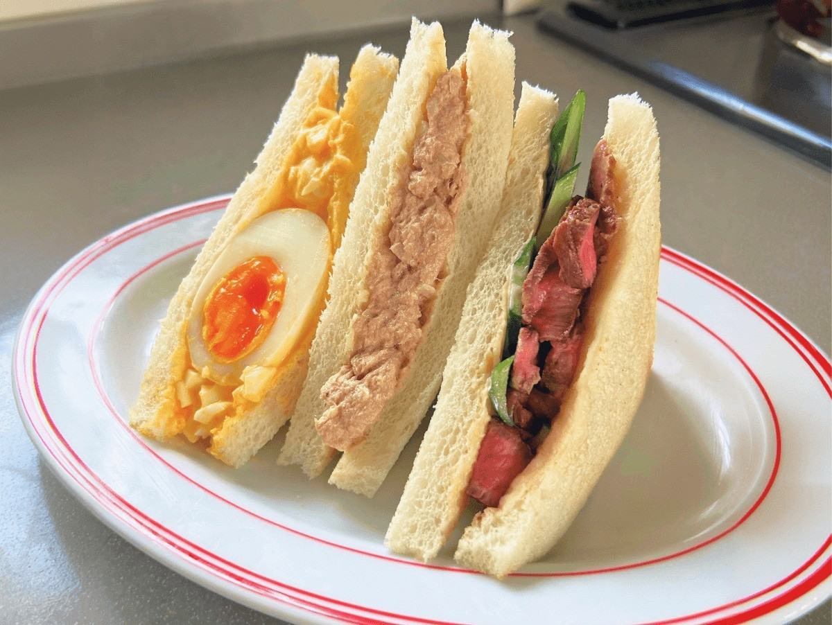 Japanese-style sandos: egg salad, tuna and steak