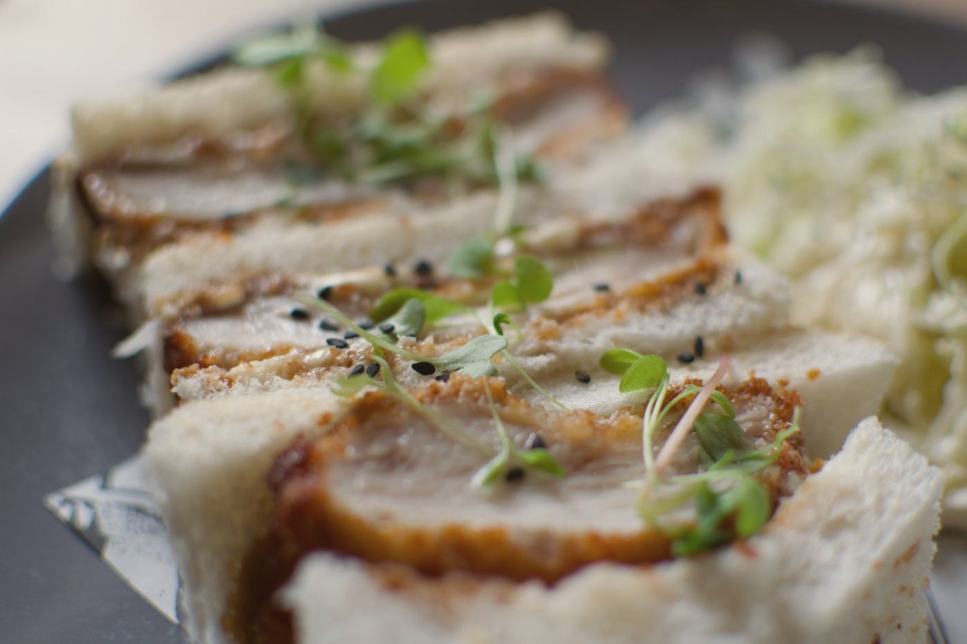 A katsu sando cut into fingers